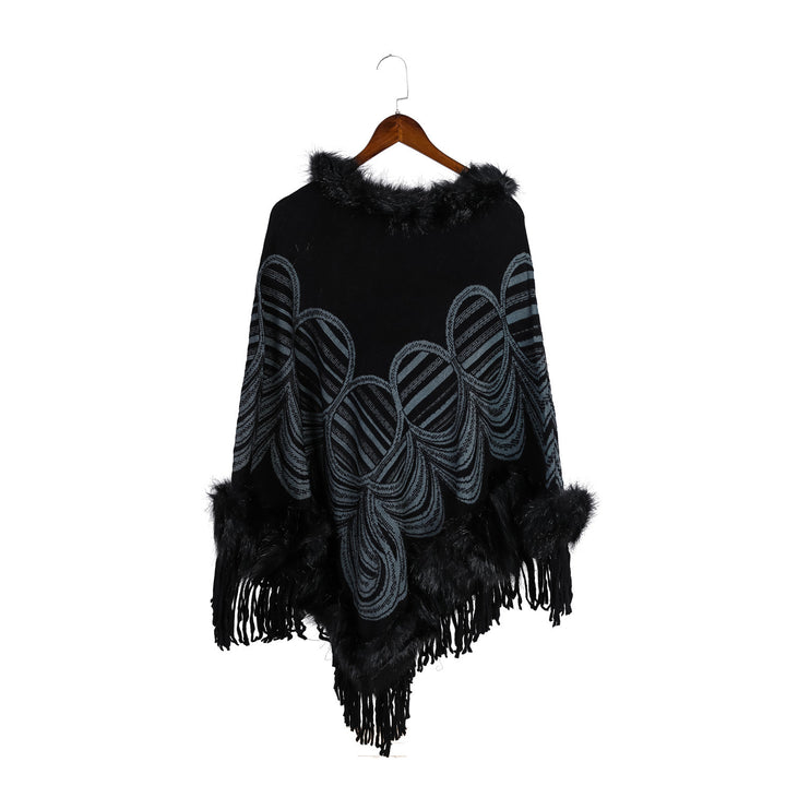 Damen Fransen‑Poncho mit Kunstfellbesatz und Jacquard‑Ruana Drune