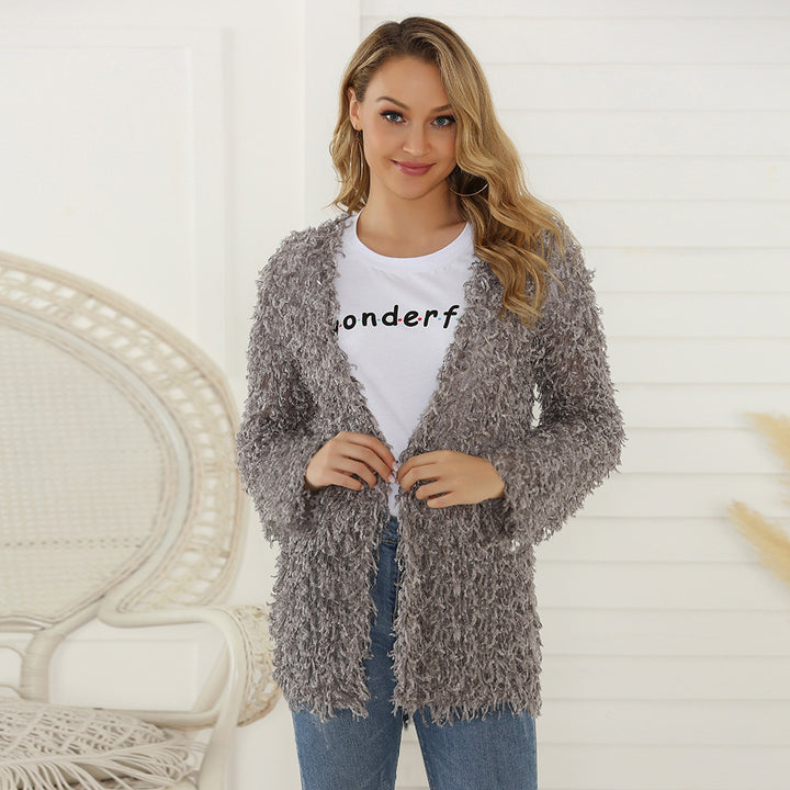 Damen Flauschiger Shaggy-Cardigan mit offener Front & lockerer Passform Drune