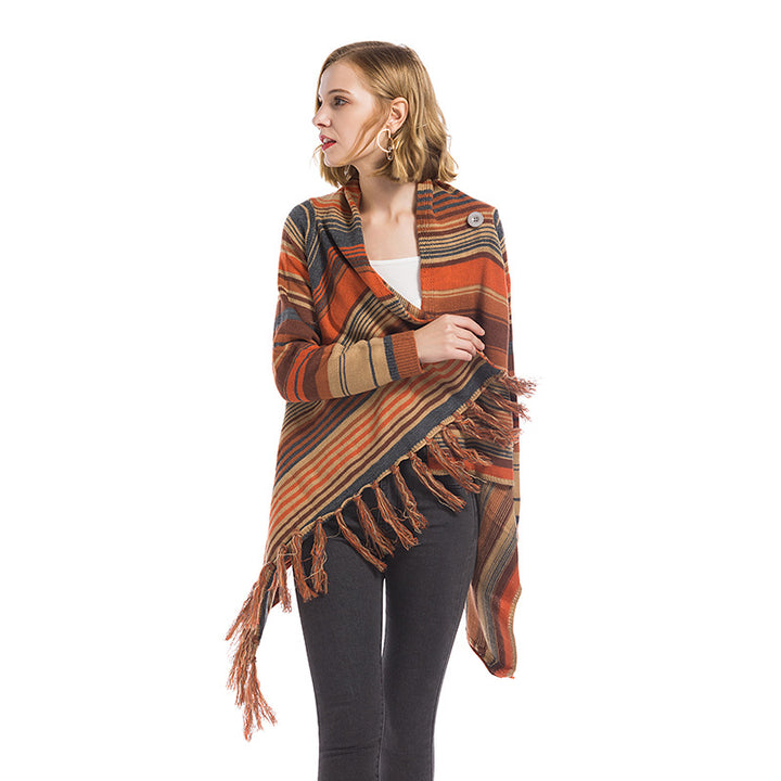 Damen modischer Poncho mit Fransen und geometrischem Muster Drune