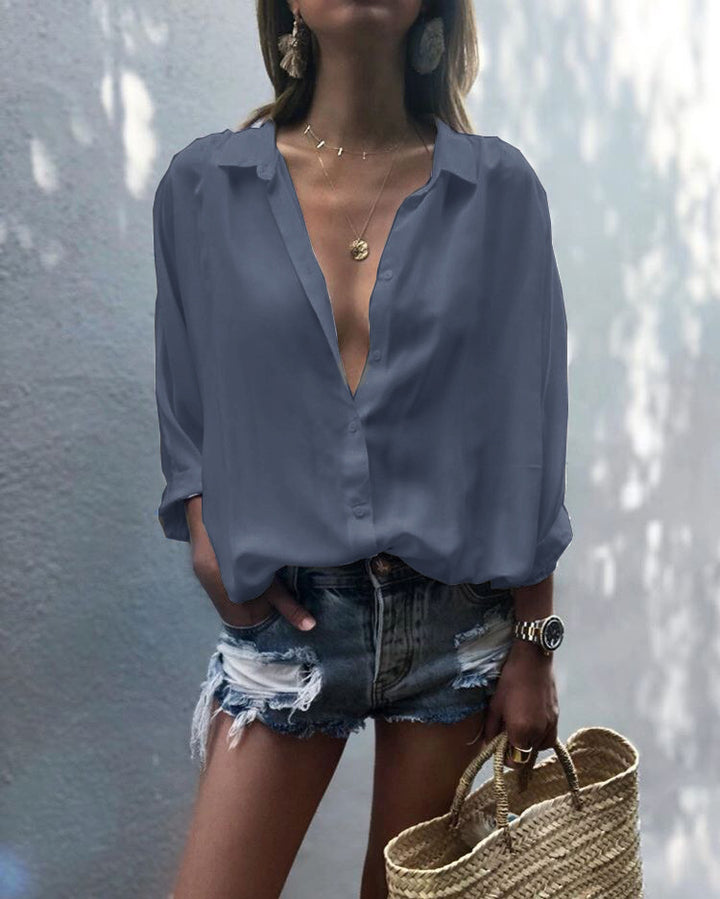 Damen lässige Chiffonbluse mit tiefem V-Ausschnitt und lockerer Passform Drune