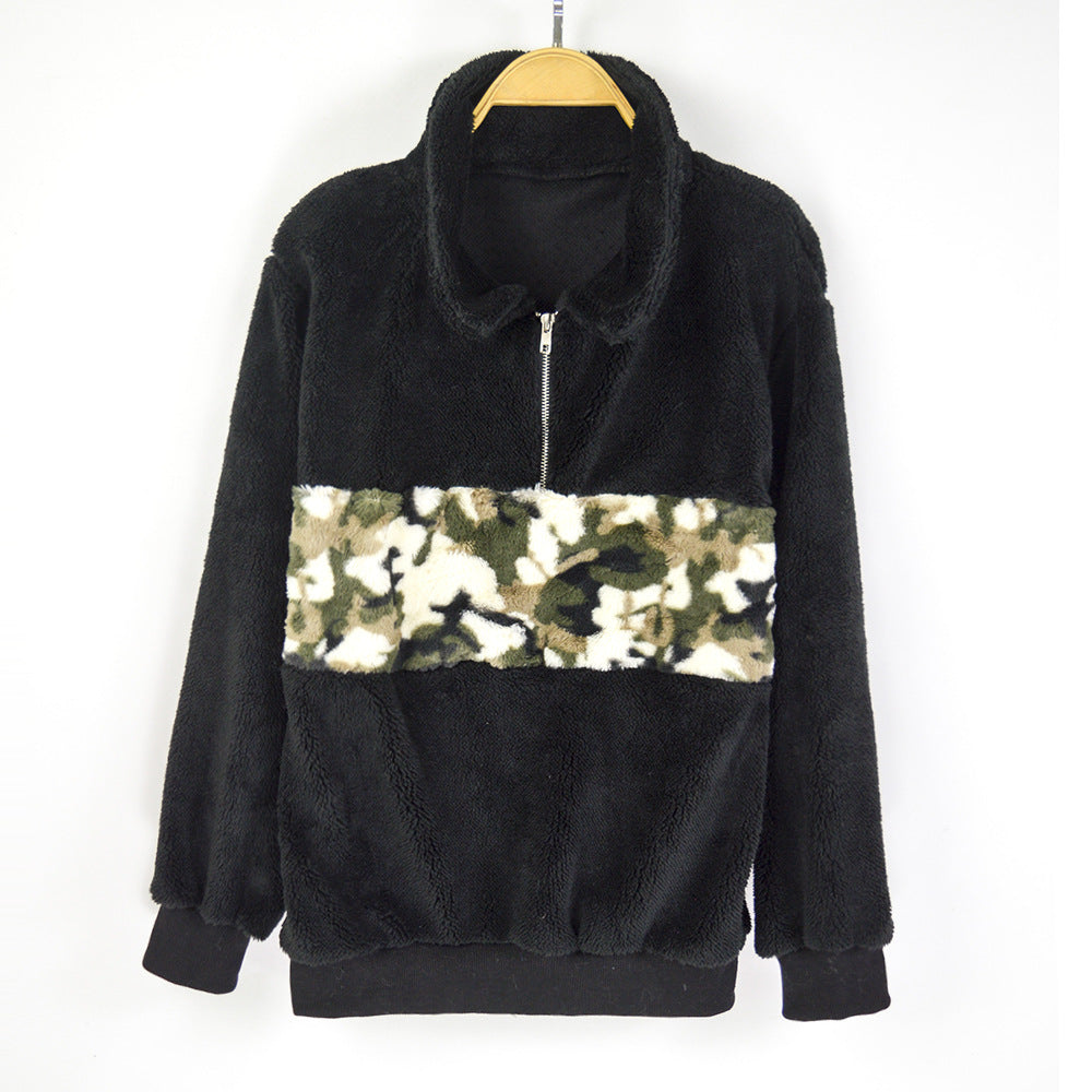 Damen Teddy-Fleece-Pullover mit kurzem Reißverschluss & Camouflage-Bund Drune