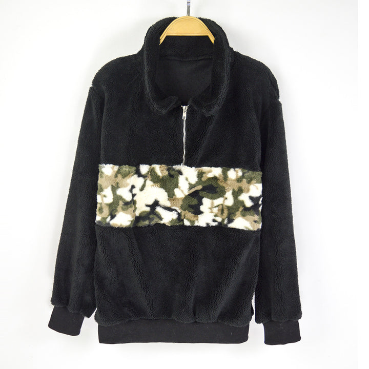 Damen Teddy-Fleece-Pullover mit kurzem Reißverschluss & Camouflage-Bund Drune