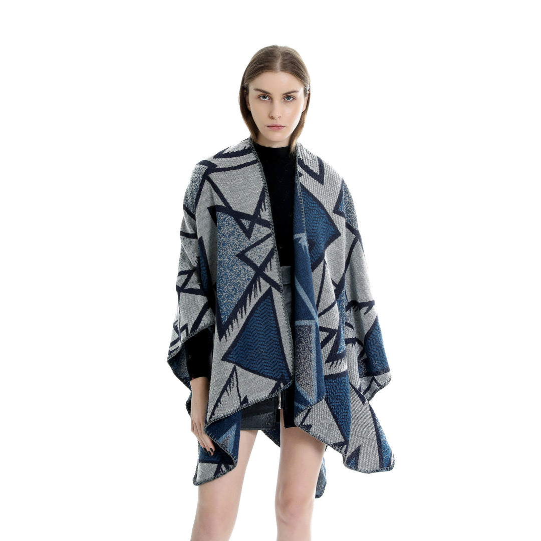 Damen Geometrischer Jacquard-Ruana-Überwurf mit offenem Fall und Zierkante Drune