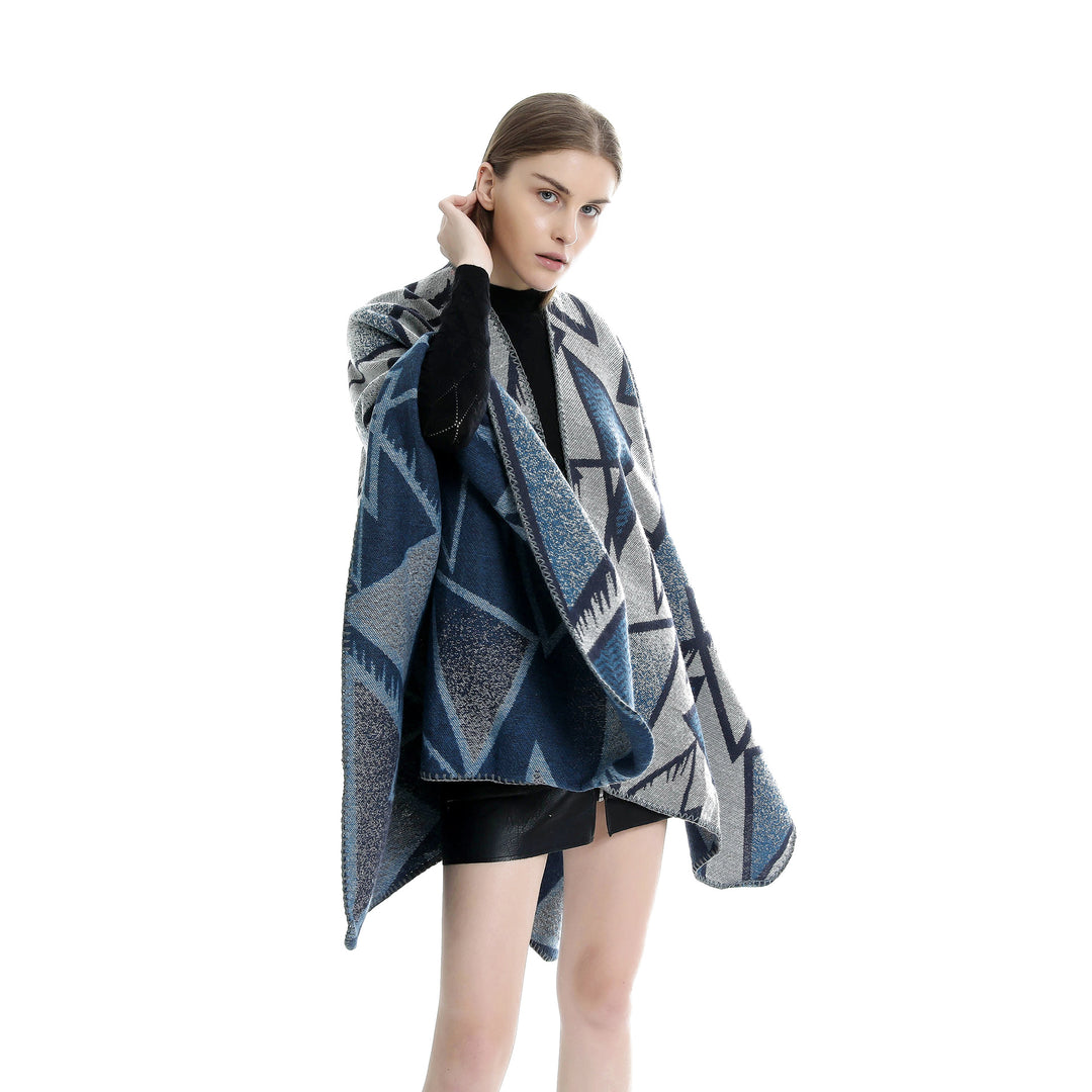 Damen Geometrischer Jacquard-Ruana-Überwurf mit offenem Fall und Zierkante Drune