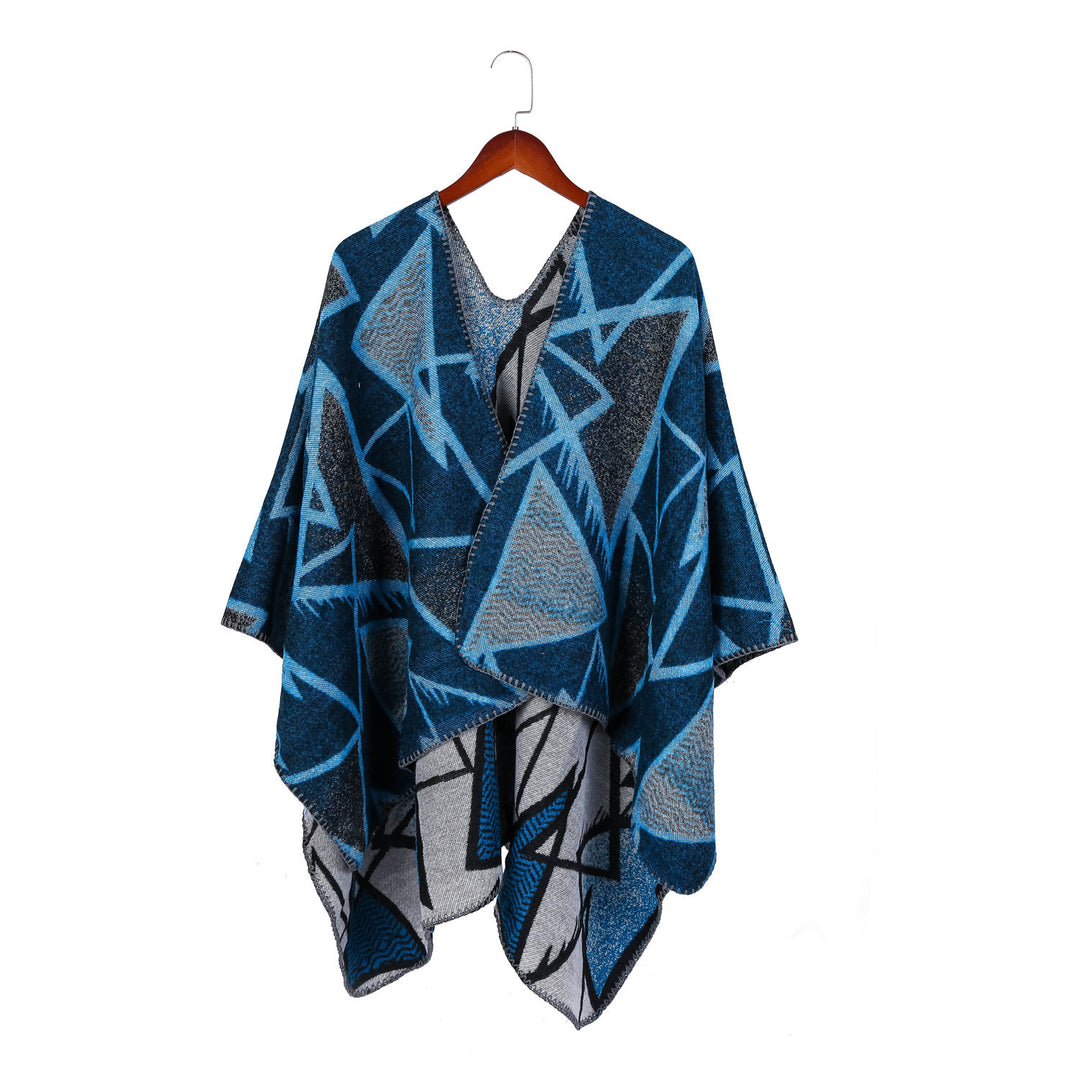 Damen Geometrischer Jacquard-Ruana-Überwurf mit offenem Fall und Zierkante Drune