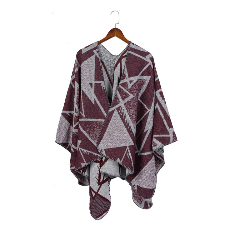 Damen Geometrischer Jacquard-Ruana-Überwurf mit offenem Fall und Zierkante Drune