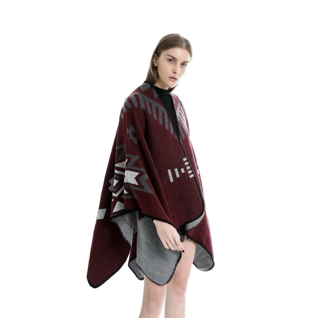 Damen Jacquard-Ruana-Umhang mit geometrischem Muster und Wendefinish Drune