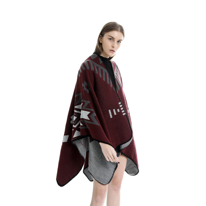 Damen Jacquard-Ruana-Umhang mit geometrischem Muster und Wendefinish Drune