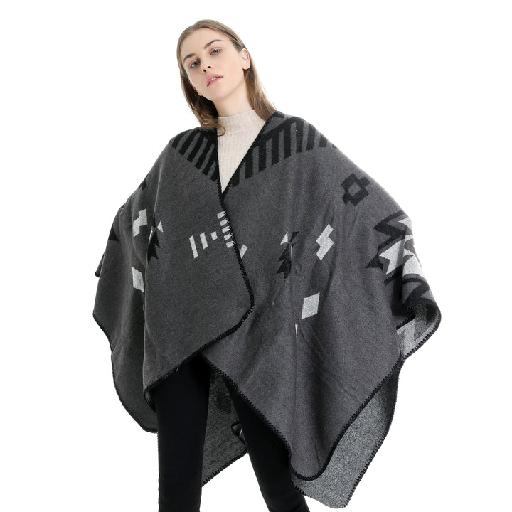 Damen Jacquard-Ruana-Umhang mit geometrischem Muster und Wendefinish Drune
