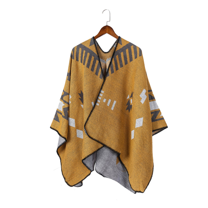 Damen Jacquard-Ruana-Umhang mit geometrischem Muster und Wendefinish Drune