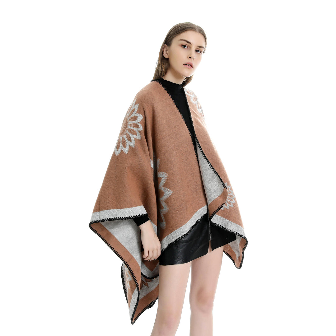 Damen Wollmix‑Ruana mit floraler Intarsienjacquard und offener Kimono‑Silhouette Drune