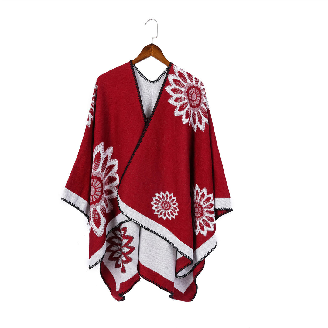Damen Wollmix‑Ruana mit floraler Intarsienjacquard und offener Kimono‑Silhouette Drune