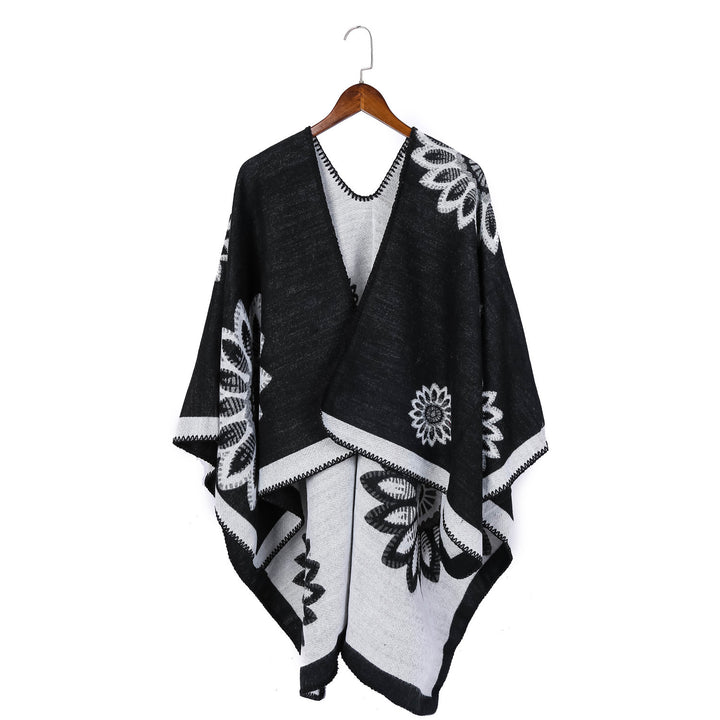 Damen Wollmix‑Ruana mit floraler Intarsienjacquard und offener Kimono‑Silhouette Drune