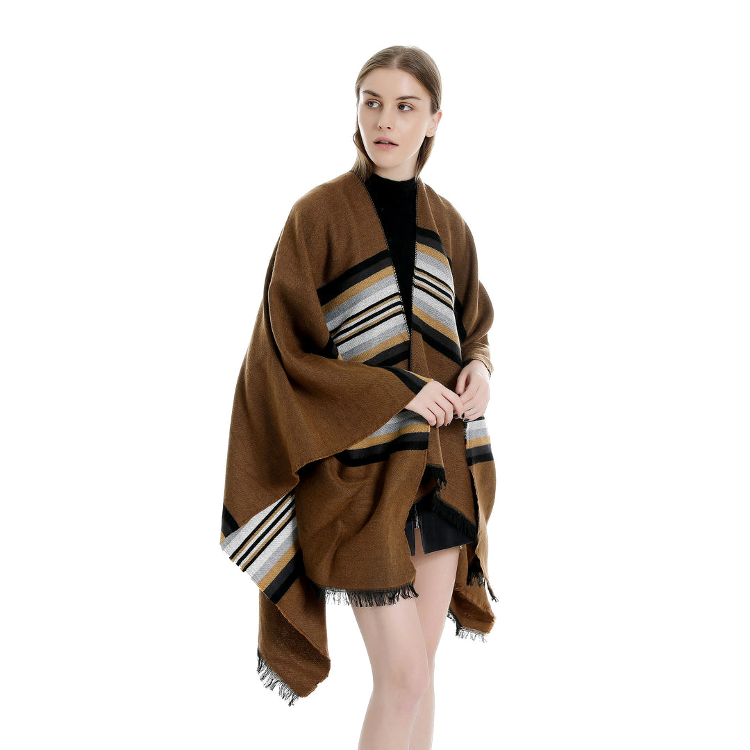 Damen Lässiger Ruana-Poncho aus Wollmix mit asymmetrischem Zipfel und feinem Streifenjacquard Drune