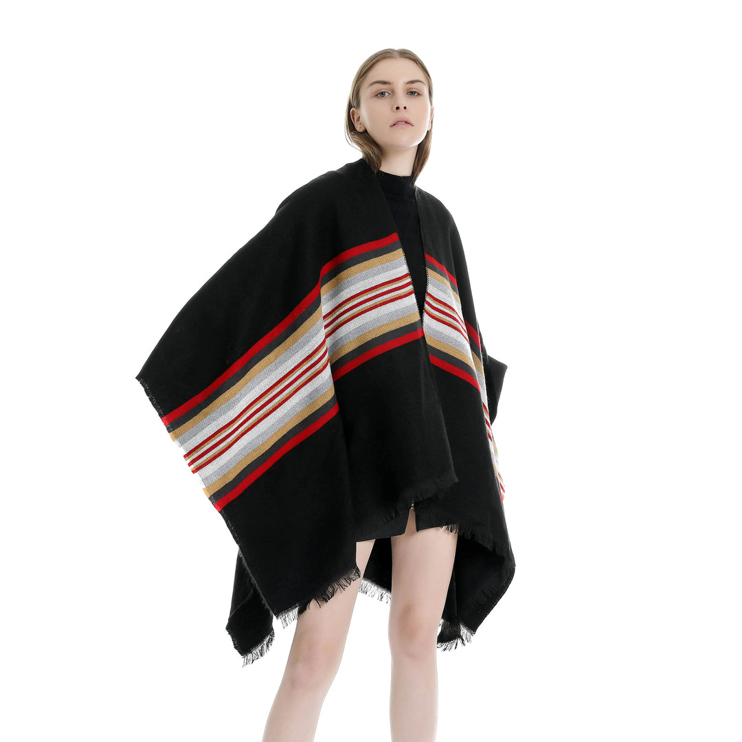 Damen Lässiger Ruana-Poncho aus Wollmix mit asymmetrischem Zipfel und feinem Streifenjacquard Drune