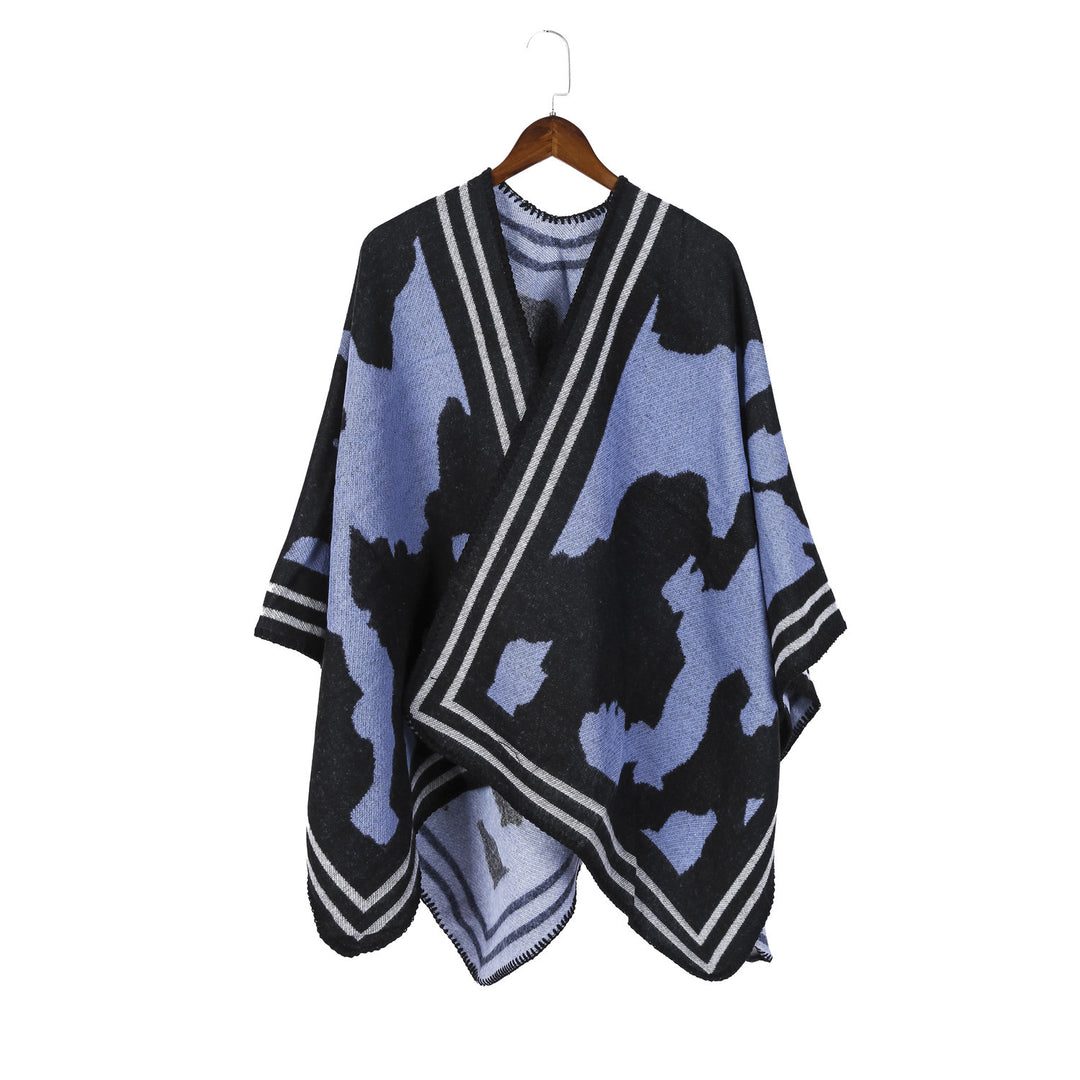 Damen Oversize-Feinstrick-Ruana mit abstraktem Jacquard und kontrastierter Kantenbordüre Drune