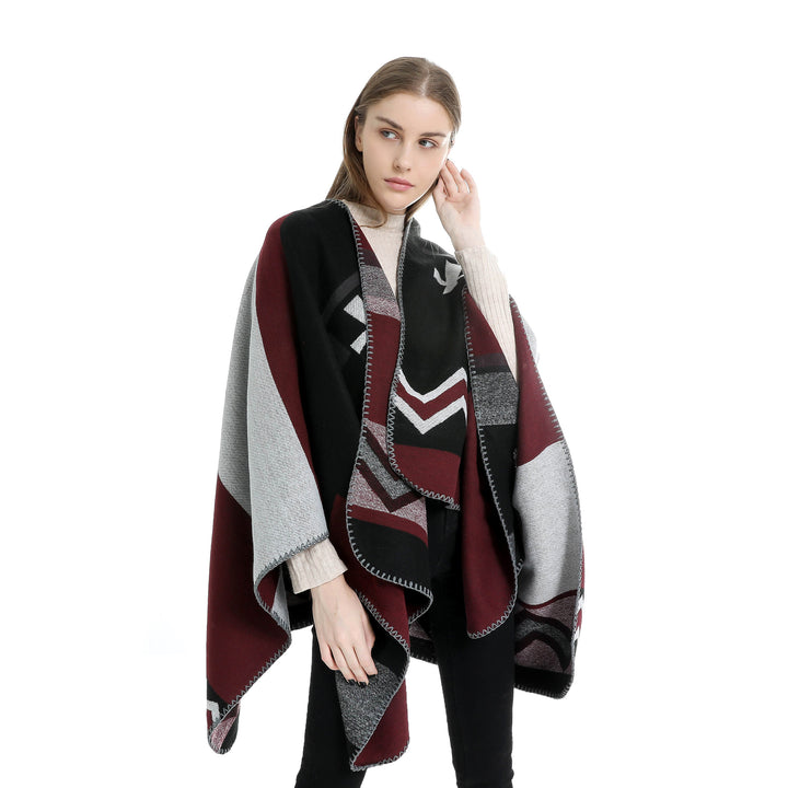 Damen Geometrischer Jacquard‑Ruana‑Überwurf mit V‑Ausschnitt und Zierstichkante Drune