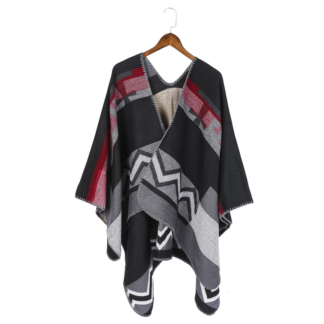 Damen Geometrischer Jacquard‑Ruana‑Überwurf mit V‑Ausschnitt und Zierstichkante Drune