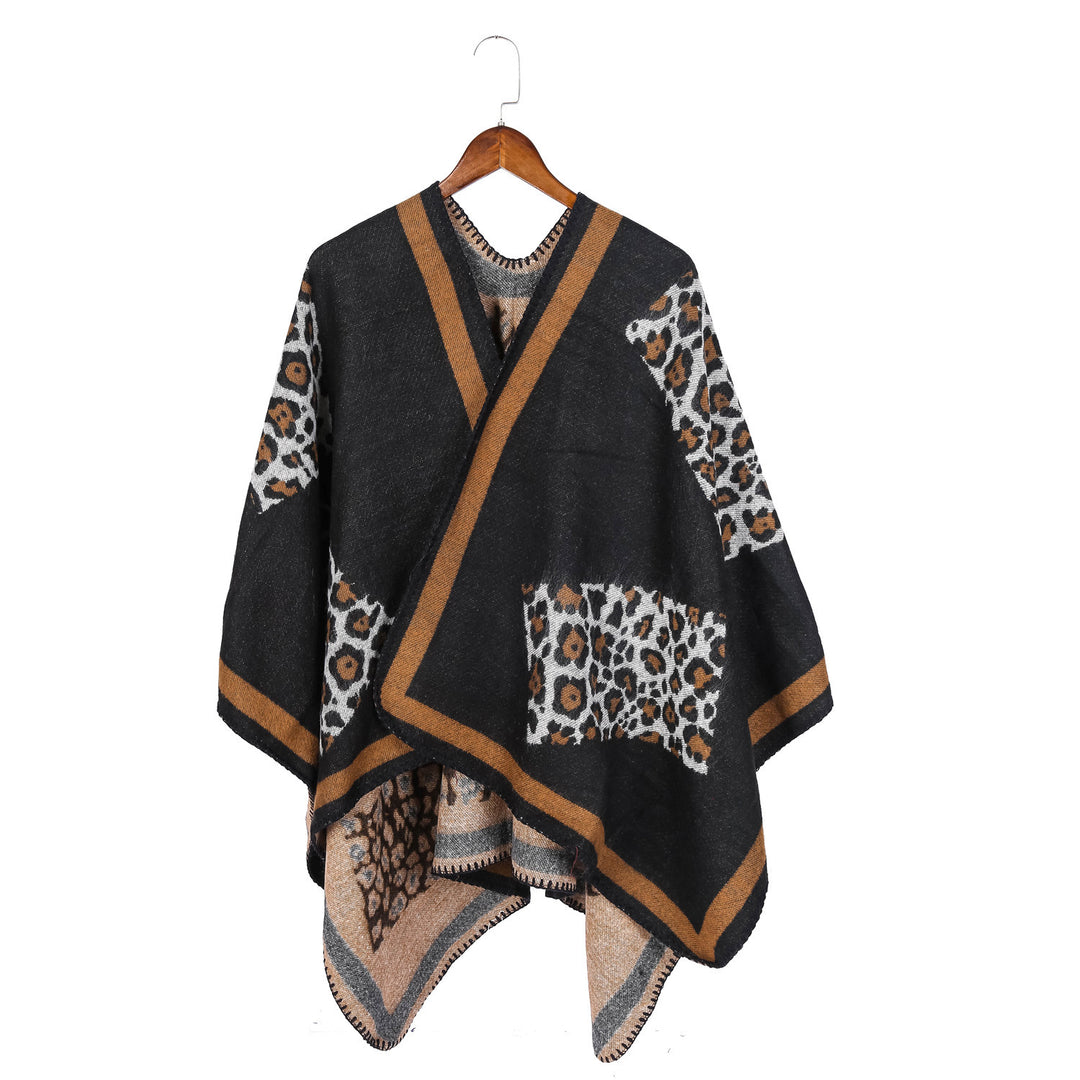 Damen Wolloptik-Kimono-Ruana mit Leopardenjacquard und kontrastierter Bordüre Drune