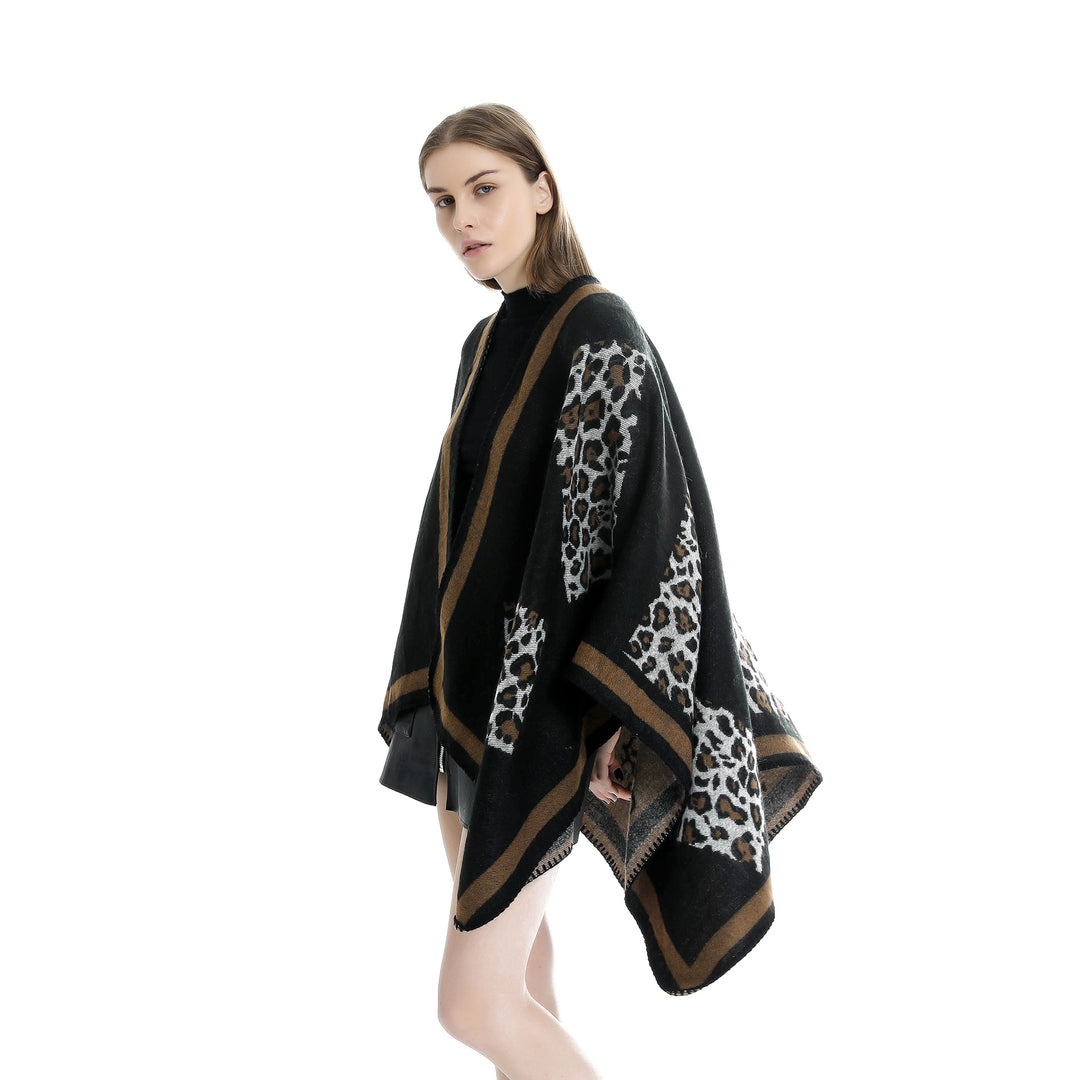 Damen Wolloptik-Kimono-Ruana mit Leopardenjacquard und kontrastierter Bordüre Drune