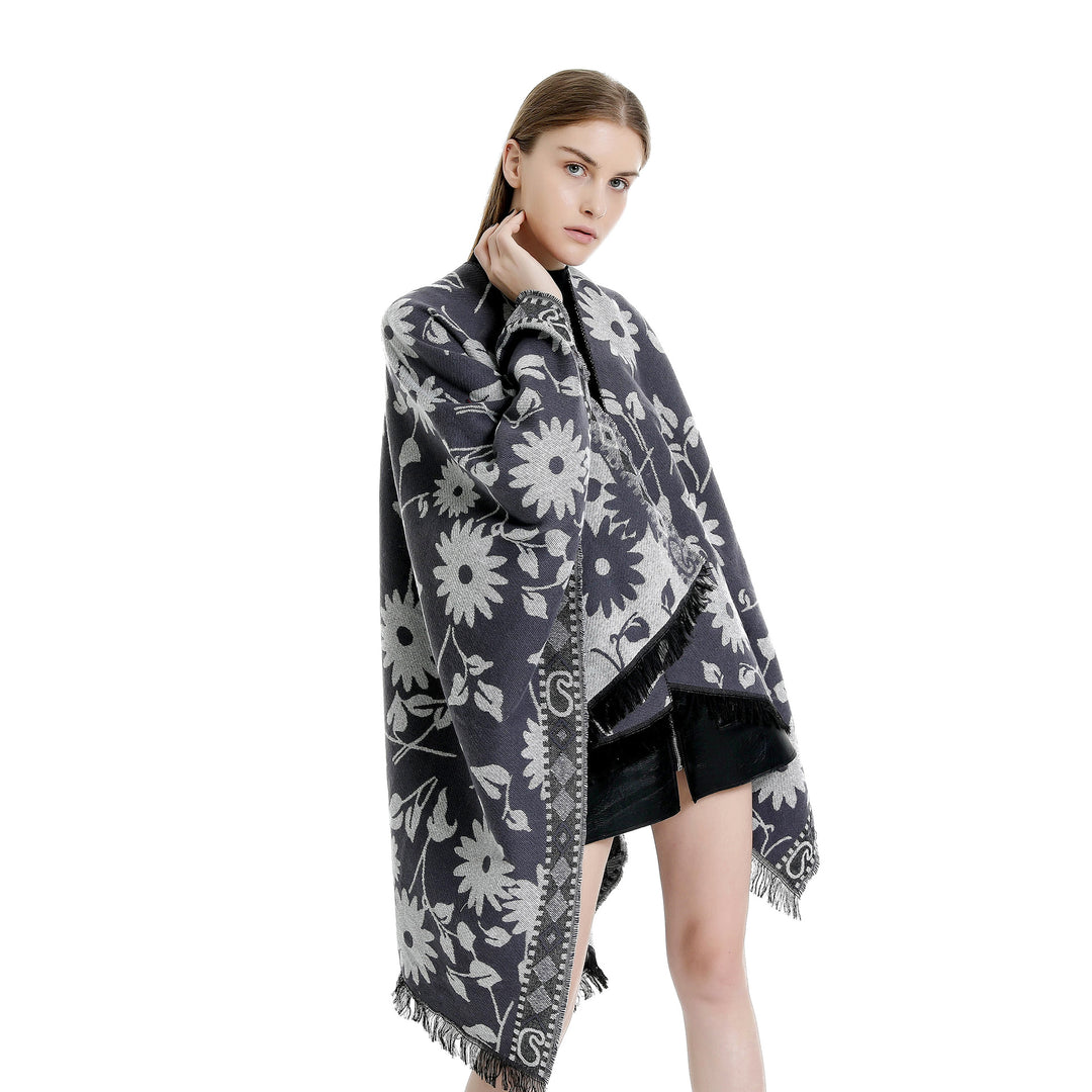 Damen Jacquard‑Ruana‑Poncho mit floralem Jacquard, Fransensaum und weichem Wollmix Drune