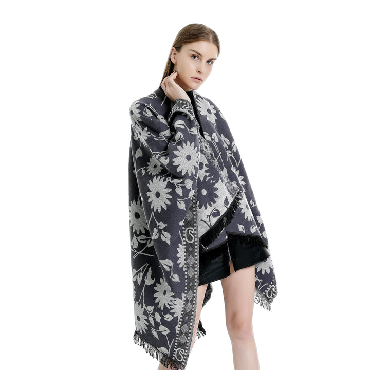 Damen Jacquard‑Ruana‑Poncho mit floralem Jacquard, Fransensaum und weichem Wollmix Drune