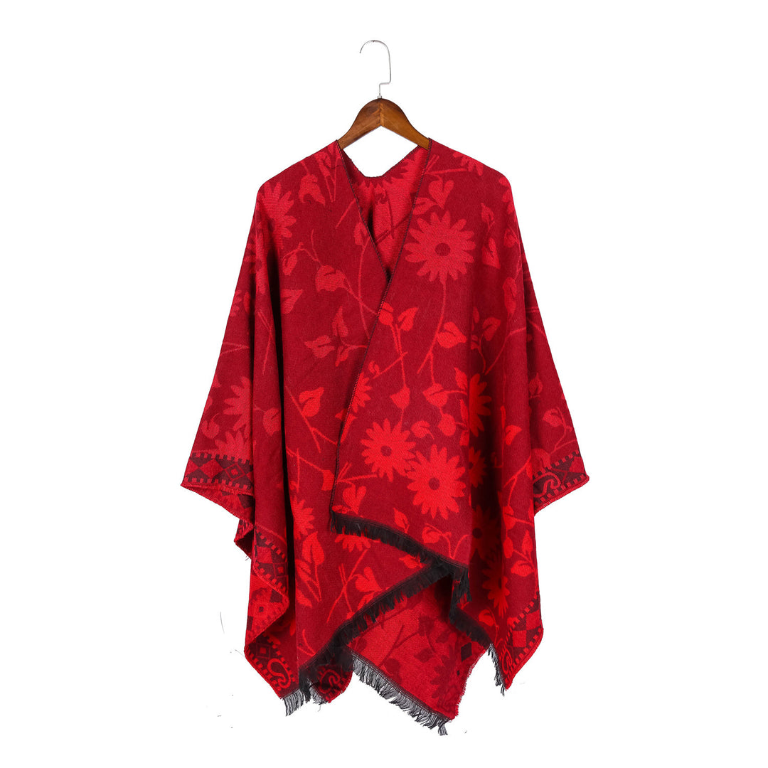 Damen Jacquard‑Ruana‑Poncho mit floralem Jacquard, Fransensaum und weichem Wollmix Drune