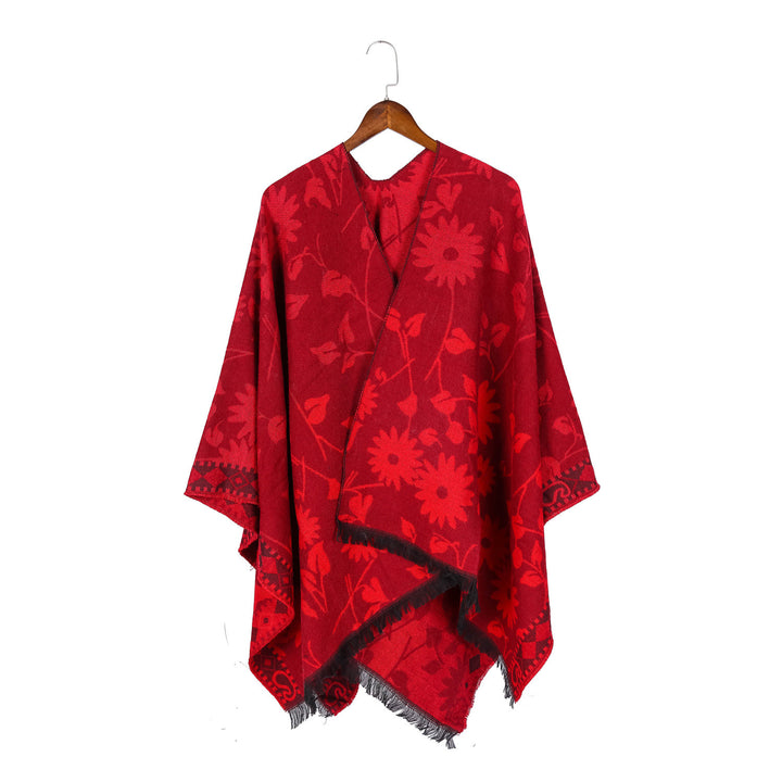 Damen Jacquard‑Ruana‑Poncho mit floralem Jacquard, Fransensaum und weichem Wollmix Drune