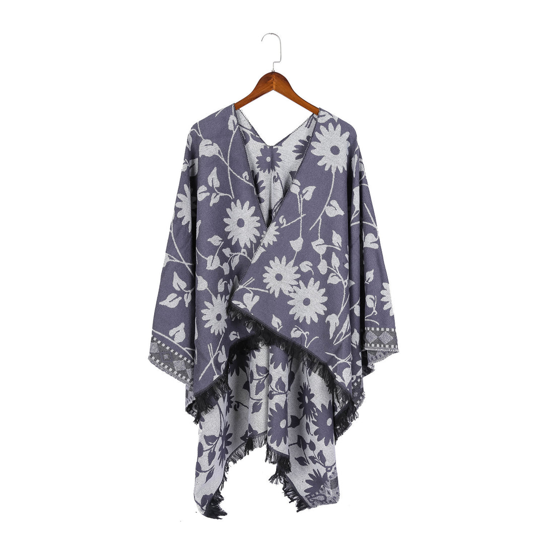 Damen Jacquard‑Ruana‑Poncho mit floralem Jacquard, Fransensaum und weichem Wollmix Drune