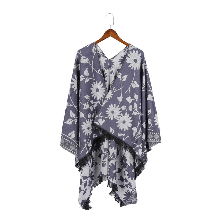 Damen Jacquard‑Ruana‑Poncho mit floralem Jacquard, Fransensaum und weichem Wollmix Drune