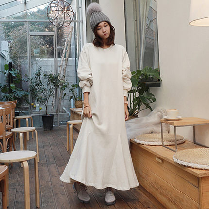 Damen Oversize-Fleece-Maxikleid mit Kapuze und Eingrifftaschen Drune