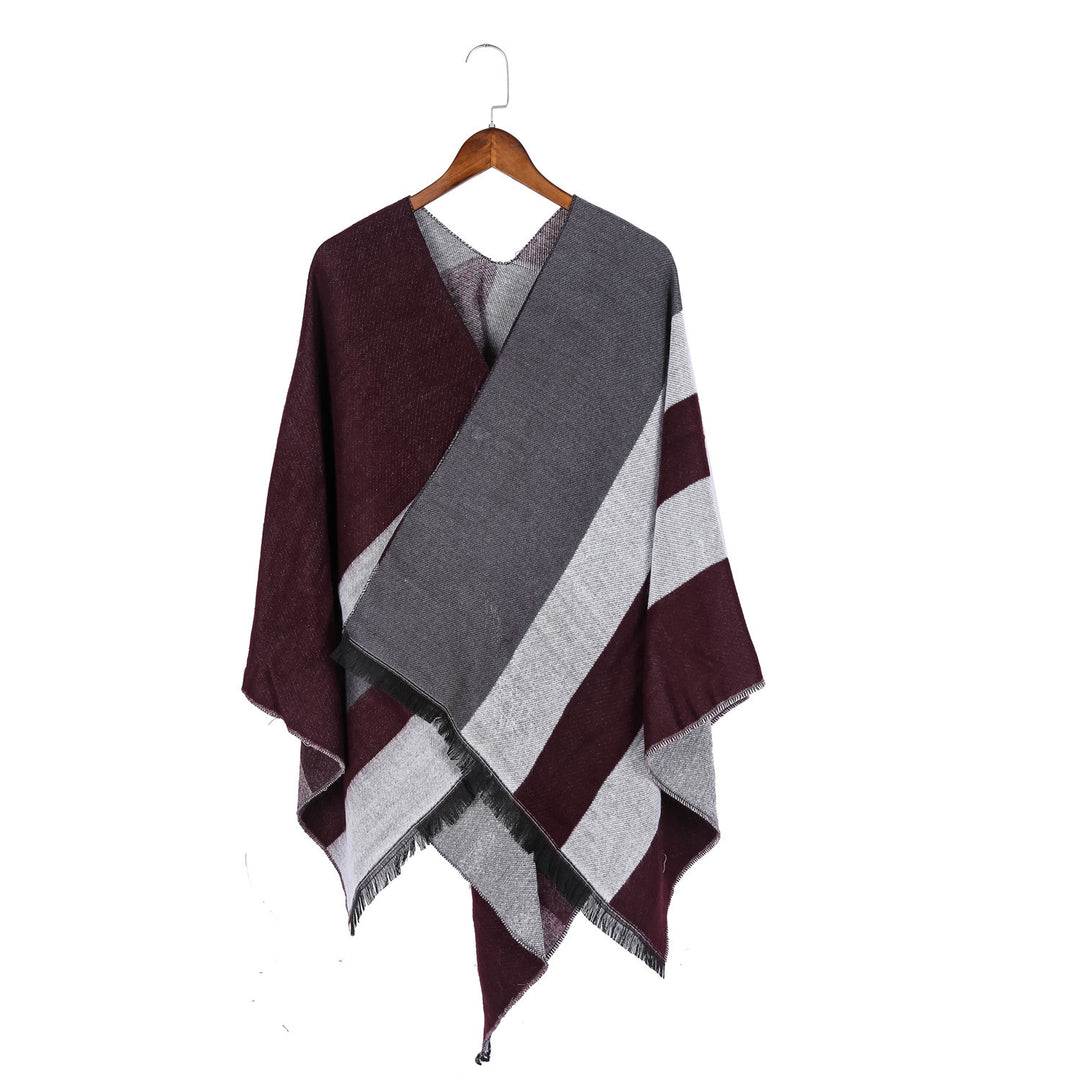 Damen Oversize-Wickelruana im Diagonalstreifen mit Fransenrand Drune