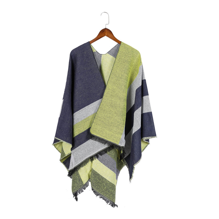 Damen Oversize-Wickelruana im Diagonalstreifen mit Fransenrand Drune