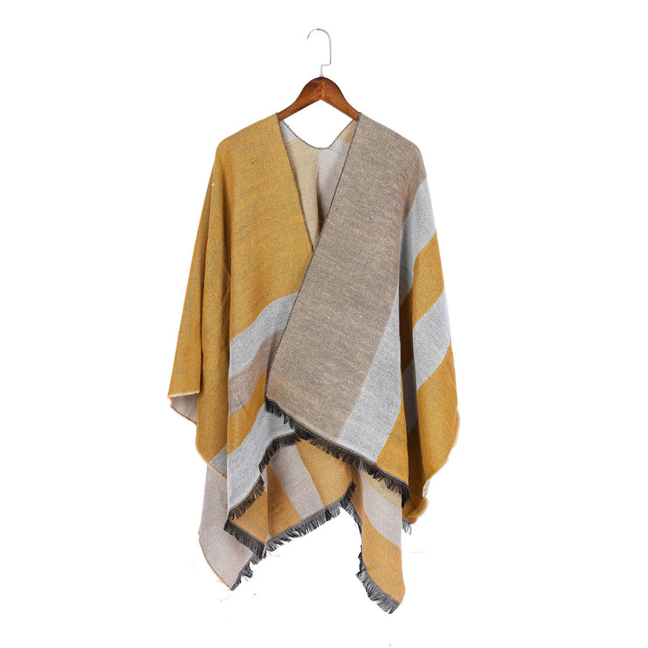 Damen Oversize-Wickelruana im Diagonalstreifen mit Fransenrand Drune