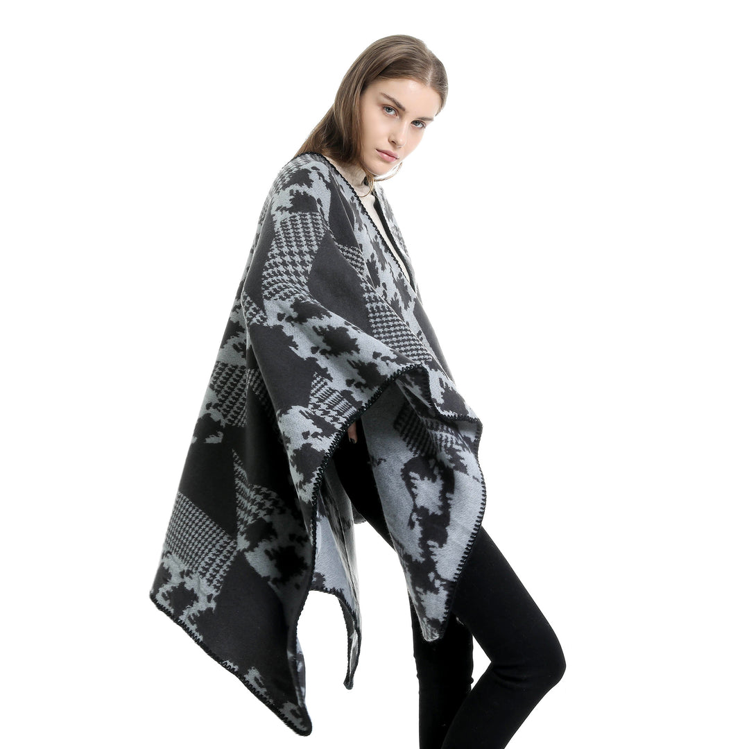 Damen Cape‑Poncho im Ruana‑Schnitt mit dekorativer Kettelkante und zweifarbiger Jacquardstruktur Drune