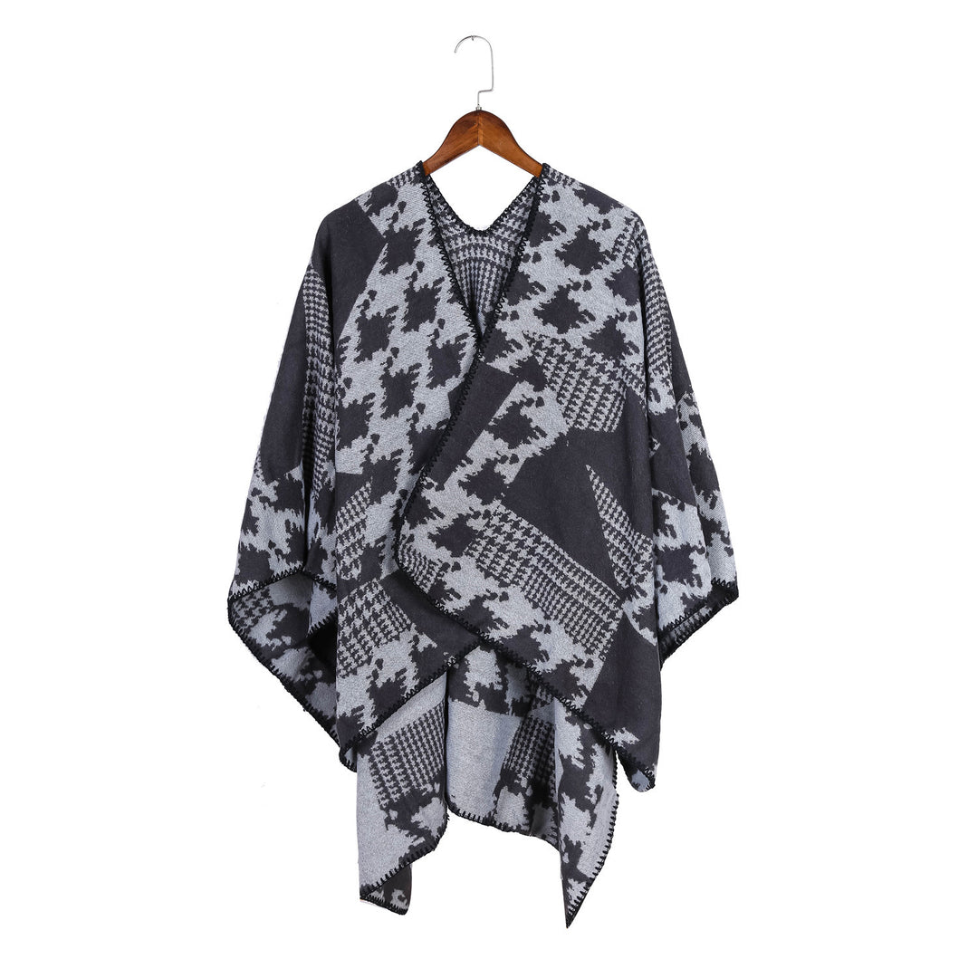 Damen Cape‑Poncho im Ruana‑Schnitt mit dekorativer Kettelkante und zweifarbiger Jacquardstruktur Drune