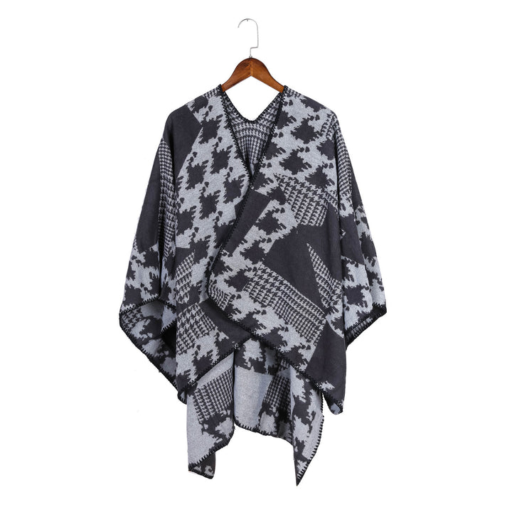 Damen Cape‑Poncho im Ruana‑Schnitt mit dekorativer Kettelkante und zweifarbiger Jacquardstruktur Drune