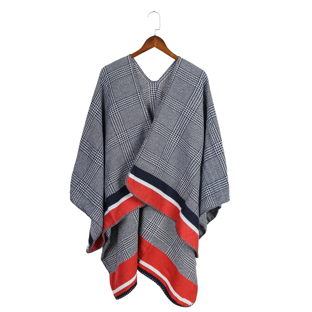 Damen Oversize-Ruana aus Wollmix mit Karojacquard und farbigem Streifenrand Drune