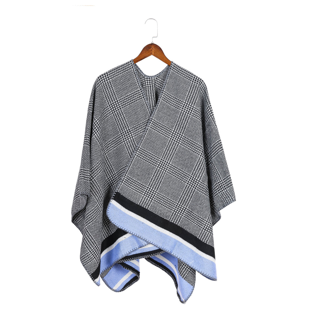 Damen Oversize-Ruana aus Wollmix mit Karojacquard und farbigem Streifenrand Drune