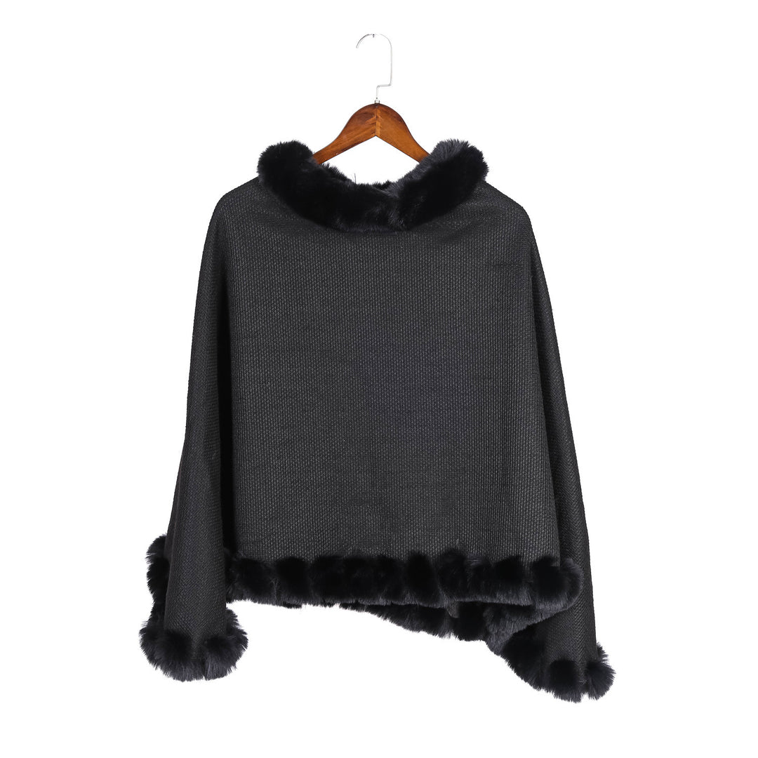 Damen Fein gestrickter Ruana-Poncho mit Kunstfellbesatz und asymmetrischem Saum Drune