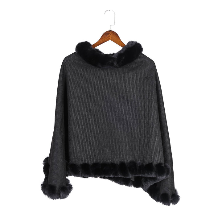 Damen Fein gestrickter Ruana-Poncho mit Kunstfellbesatz und asymmetrischem Saum Drune