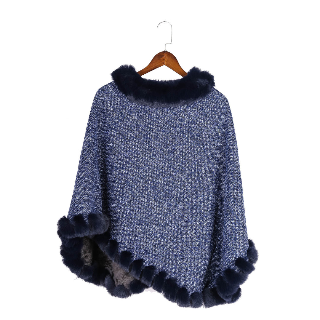 Damen Fein gestrickter Ruana-Poncho mit Kunstfellbesatz und asymmetrischem Saum Drune