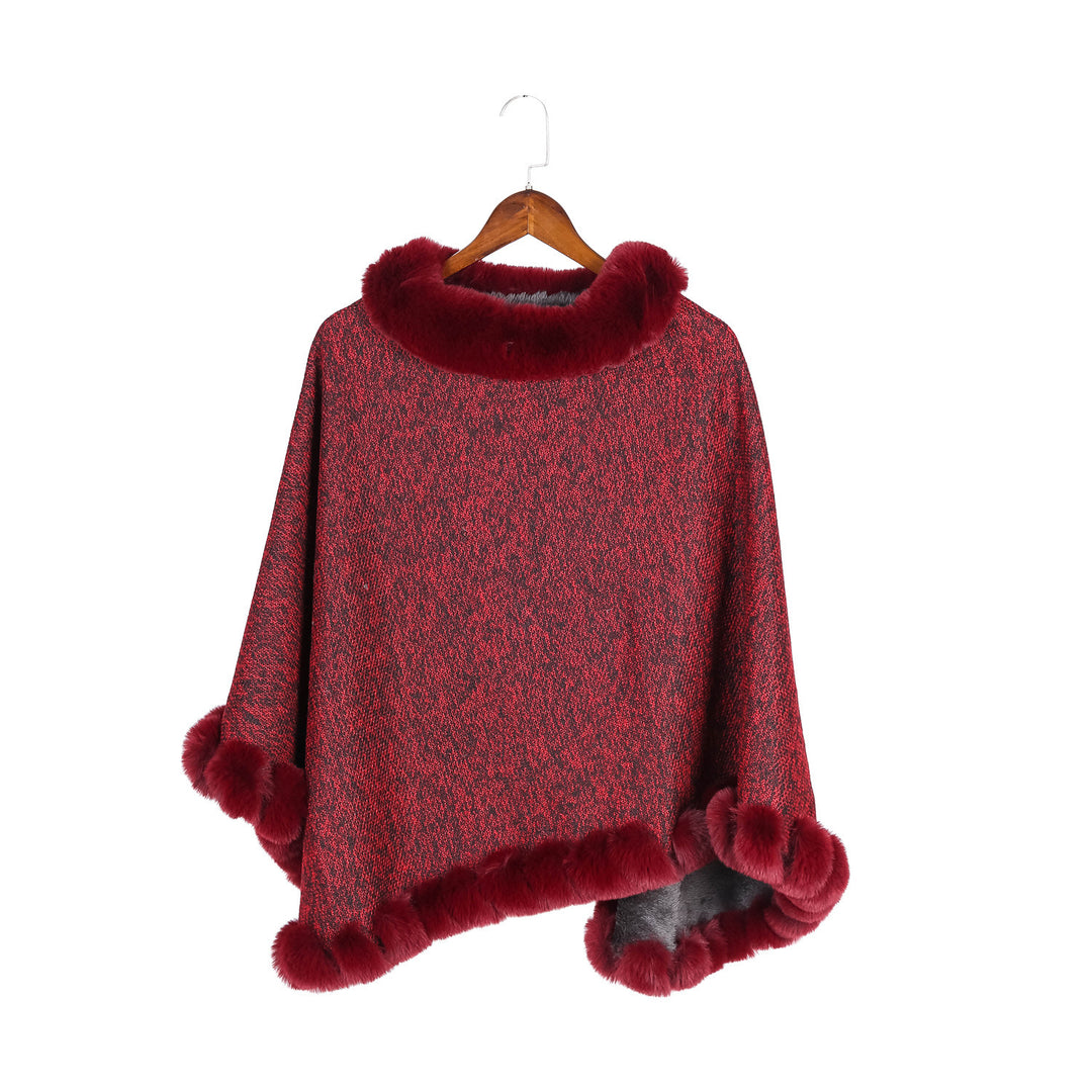 Damen Fein gestrickter Ruana-Poncho mit Kunstfellbesatz und asymmetrischem Saum Drune