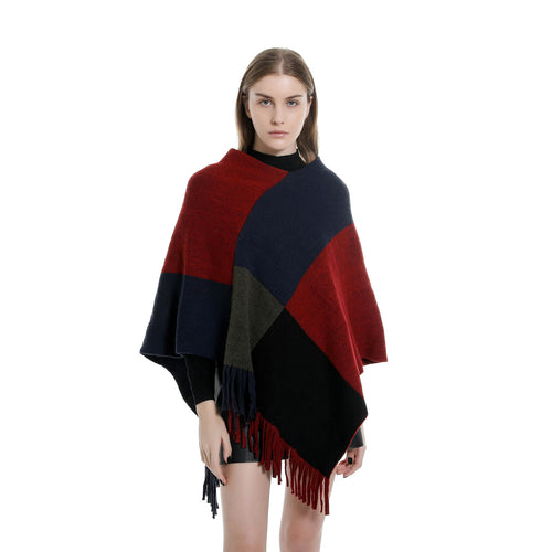 Damen Oversize-Ruana-Poncho mit farbigen Blockelementen und Fransensaum Drune