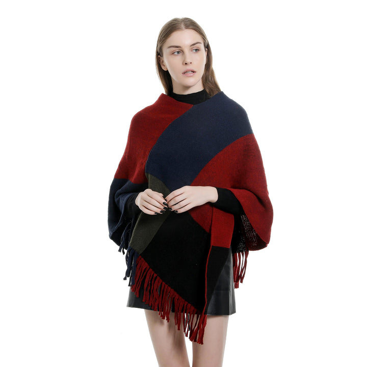 Damen Oversize-Ruana-Poncho mit farbigen Blockelementen und Fransensaum Drune