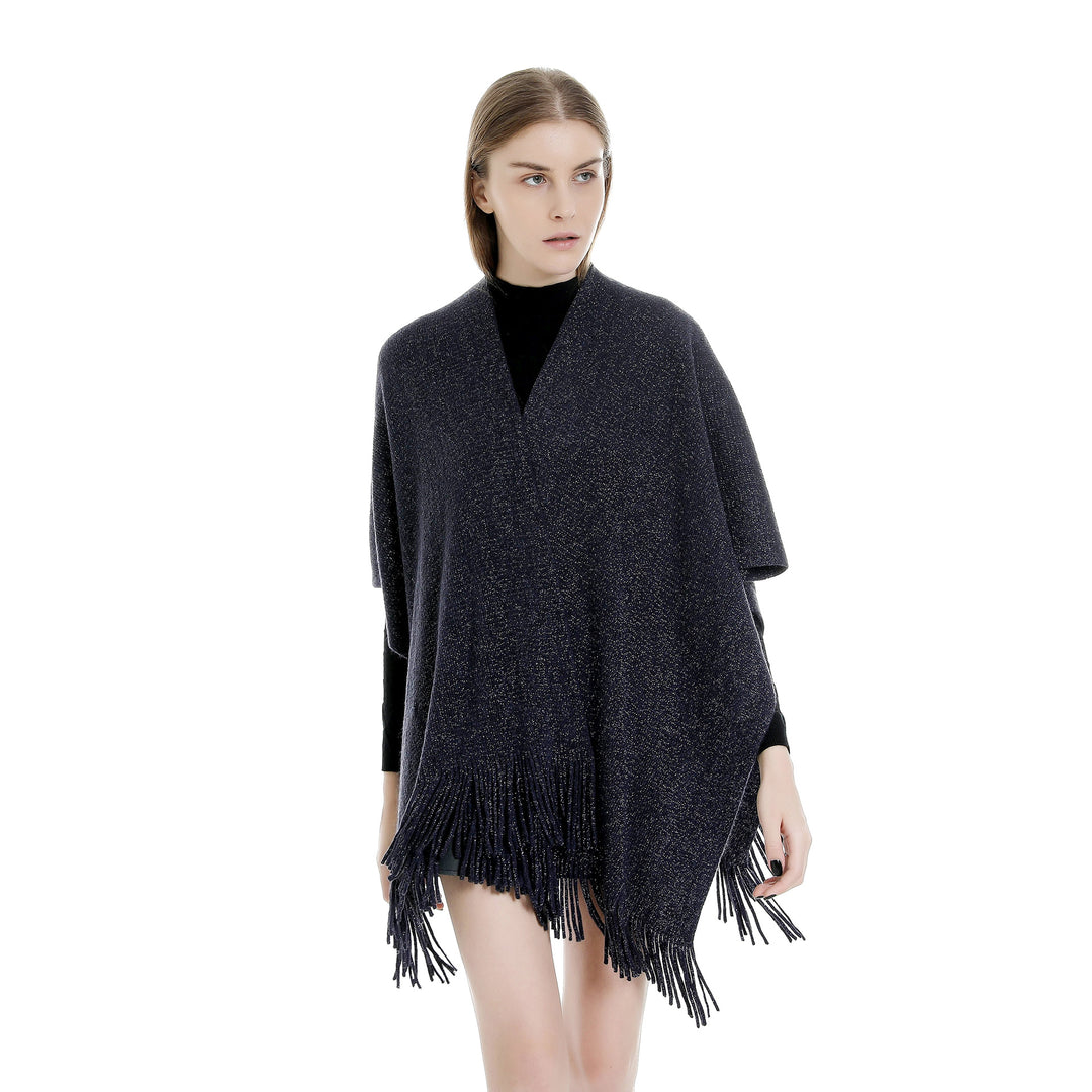 Damen Oversize-Strickruana mit Glitzerfaden und Fransen Drune