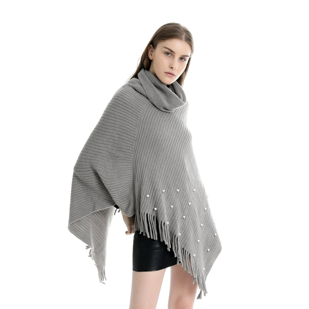 Damen Feinstrick-Poncho mit Rollkragen, Perlenapplikation und Fransensaum Drune