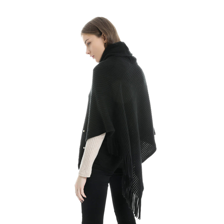 Damen Feinstrick-Poncho mit Rollkragen, Perlenapplikation und Fransensaum Drune
