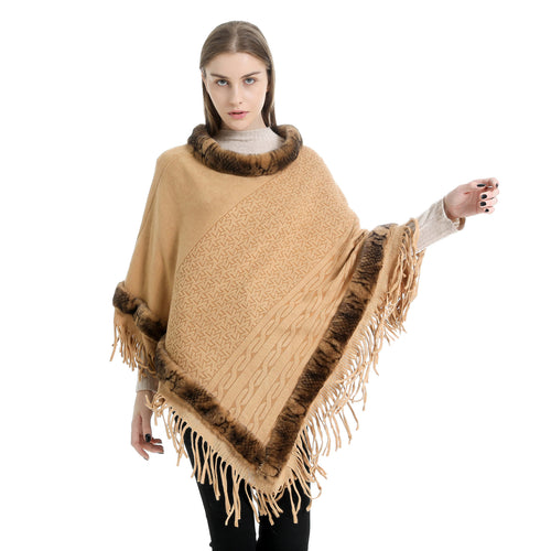 Damen Eleganter Wollmix‑Poncho mit Kunstfellbesatz und Fransensaum Drune