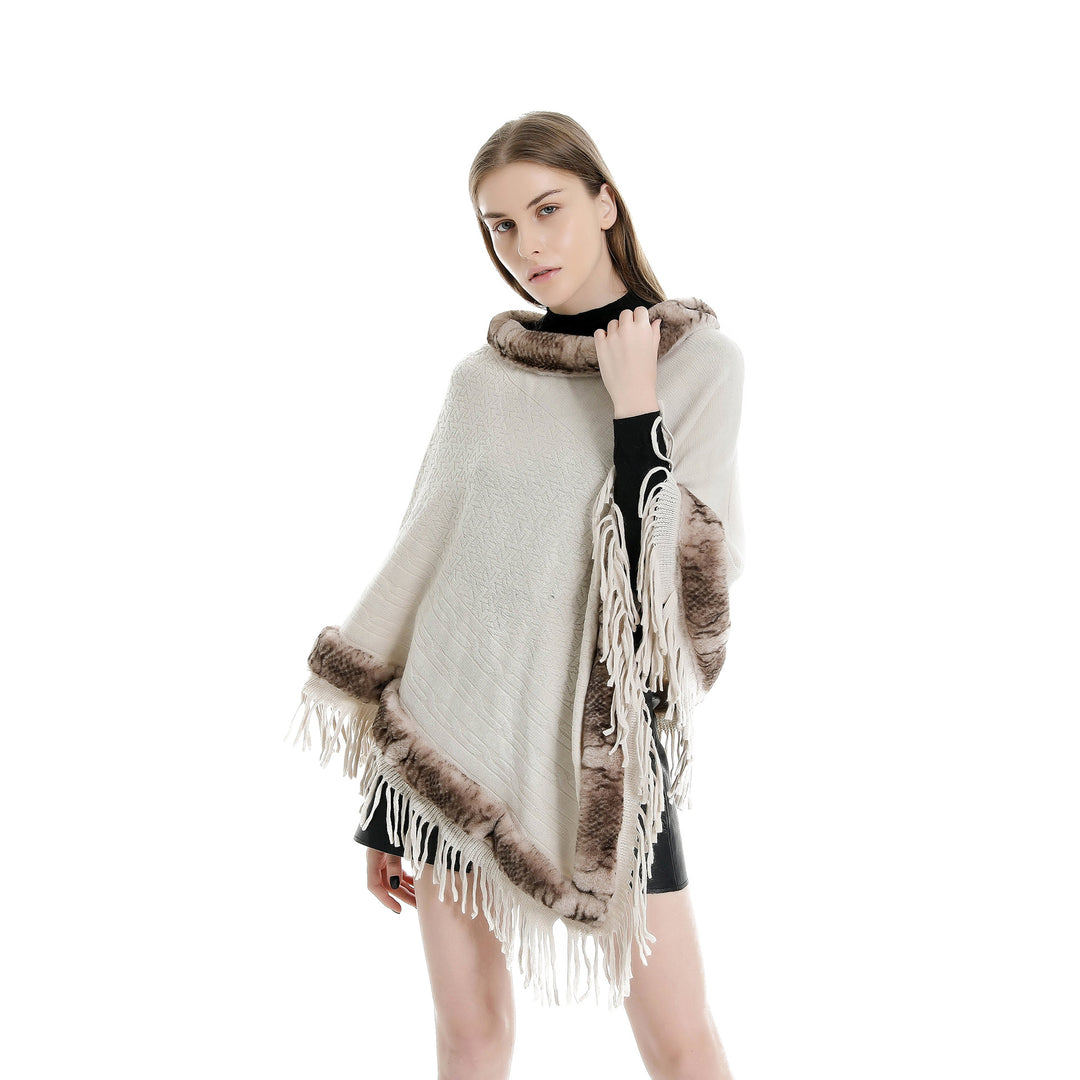 Damen Eleganter Wollmix‑Poncho mit Kunstfellbesatz und Fransensaum Drune